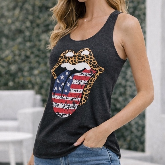 Tops - Charcoal Graphic Tank Top with Leopard and Flag Design